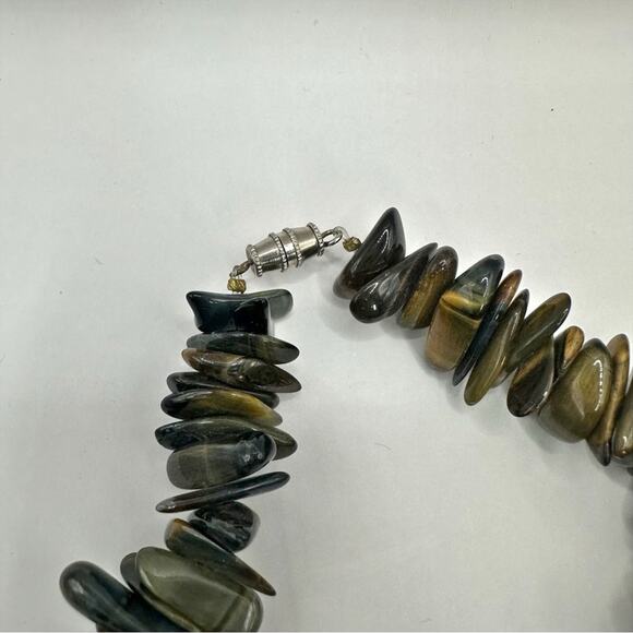 Vintage Chunky Tiger's Eye Dog Tumbled Stone Necklace 14.5" Choker Brown Green - Picture 3 of 8